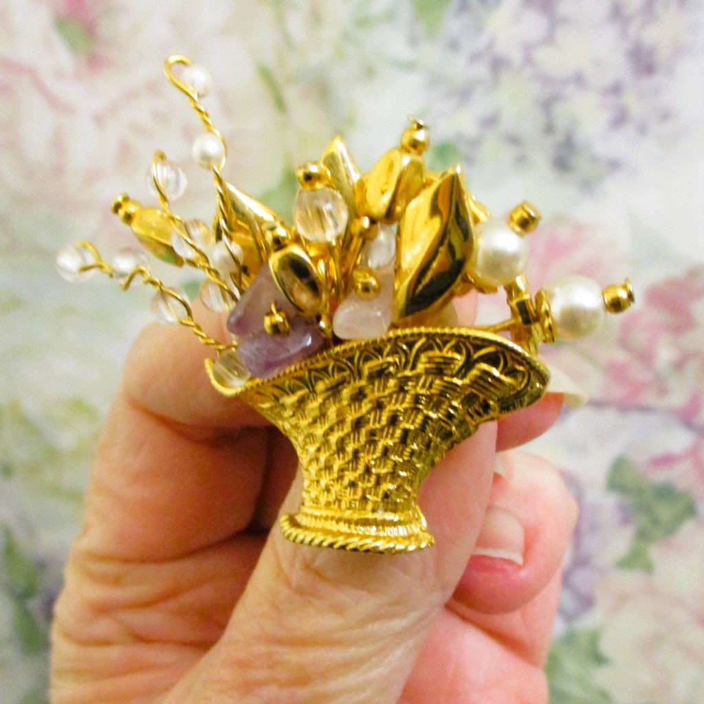 Vintage Gemstone Gold Plated Floral Basket Brooch: Amethyst, Pearl, Rock Crystal